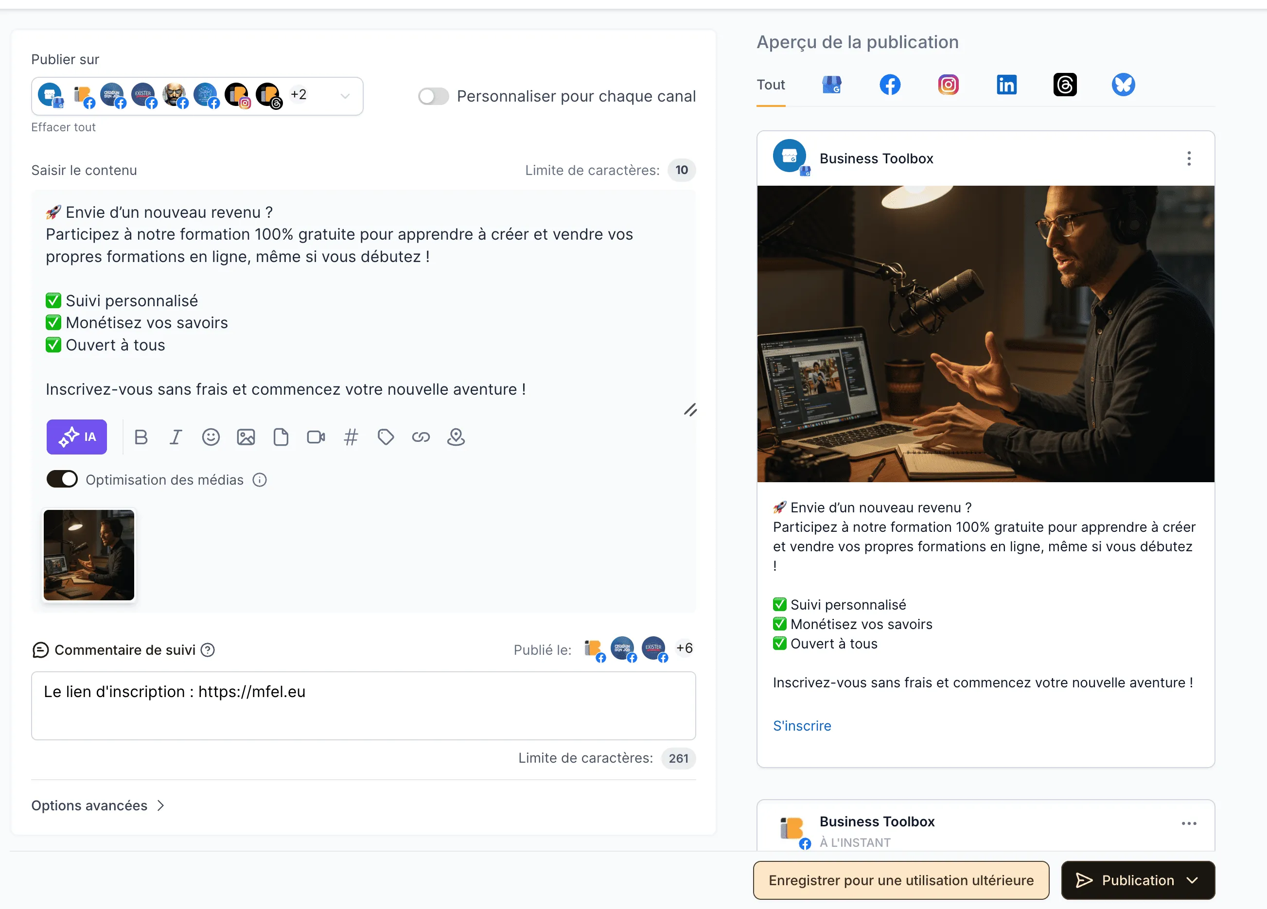 Planificateur social de MLM CoPilot : rédaction et aperçu d’une publication